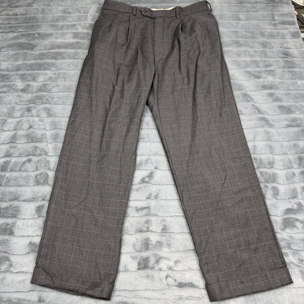 Lauren Ralph Lauren Mens Gray Windowpane Wool Pleated Cuffed Pants 32x30